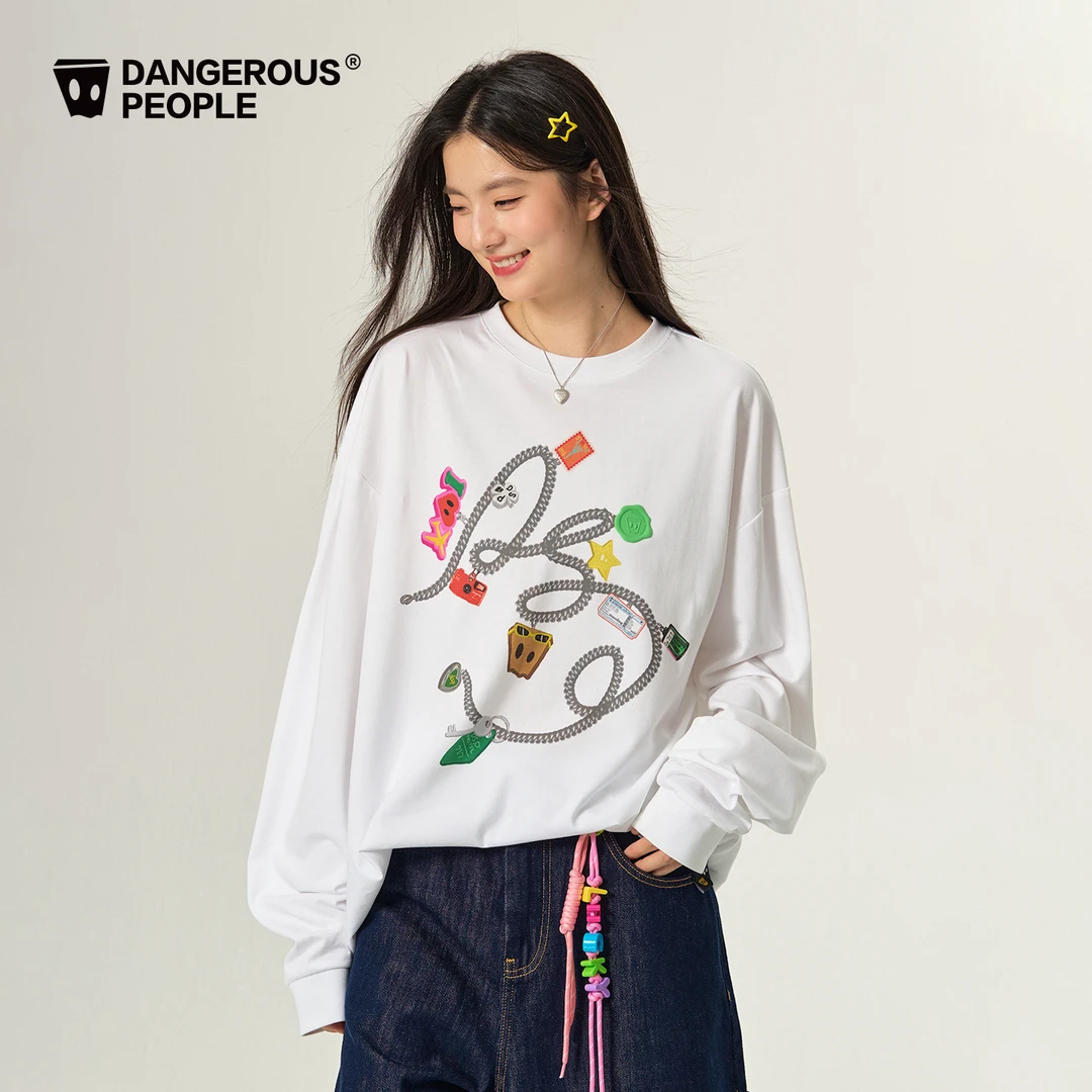 Dangerouspeople薛之谦dsp项链印花T恤秋季潮牌全棉百搭情侣长袖