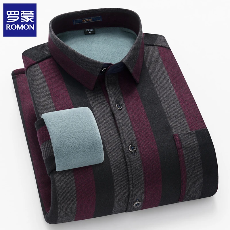 罗蒙冬季男士保暖条纹衬衫中老年商务休闲宽松加绒加厚格子爸爸装