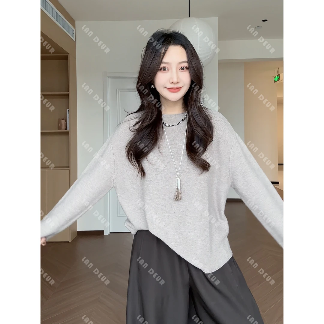 【十六夜之月】一字领气质纯色简约圆领宽松显瘦针织衫女上衣