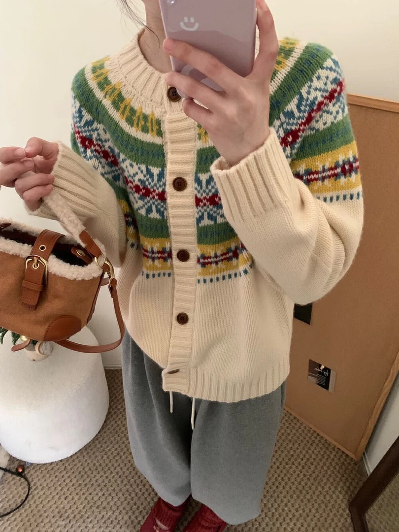 细针织费尔岛小清新秋冬宽松针织开衫毛衣内搭甜美文艺