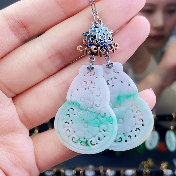 翡翠耳饰银S925镶嵌饰品