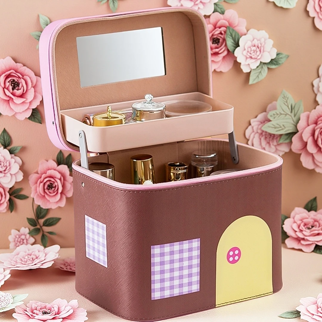 卡通化妆包带镜子小房子简约风大容量韩版化妆箱收纳盒化妆品新款