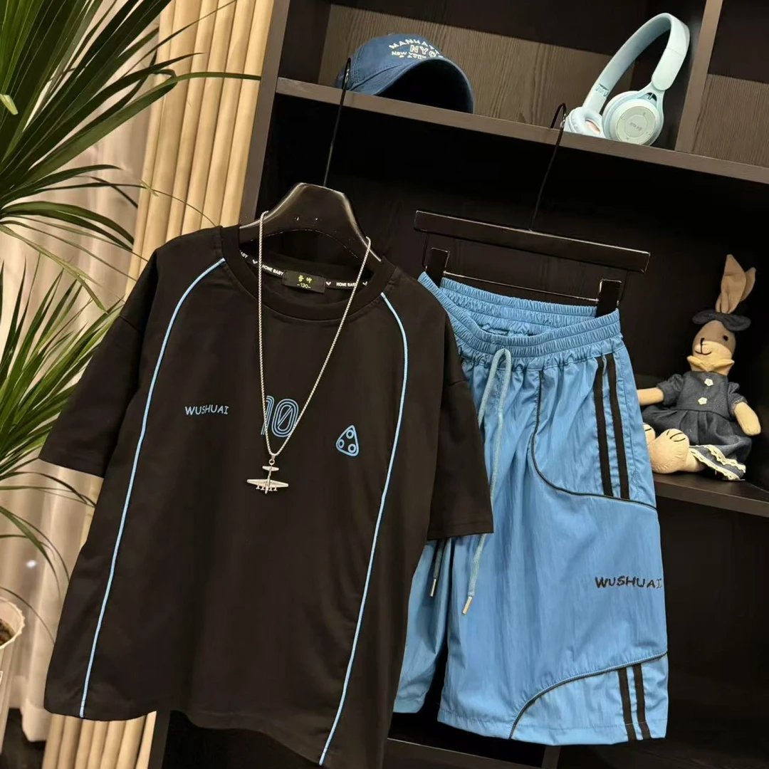 吾2025【Y】4月20日 儿童时尚潮酷蓝色百搭短袖套装3116-