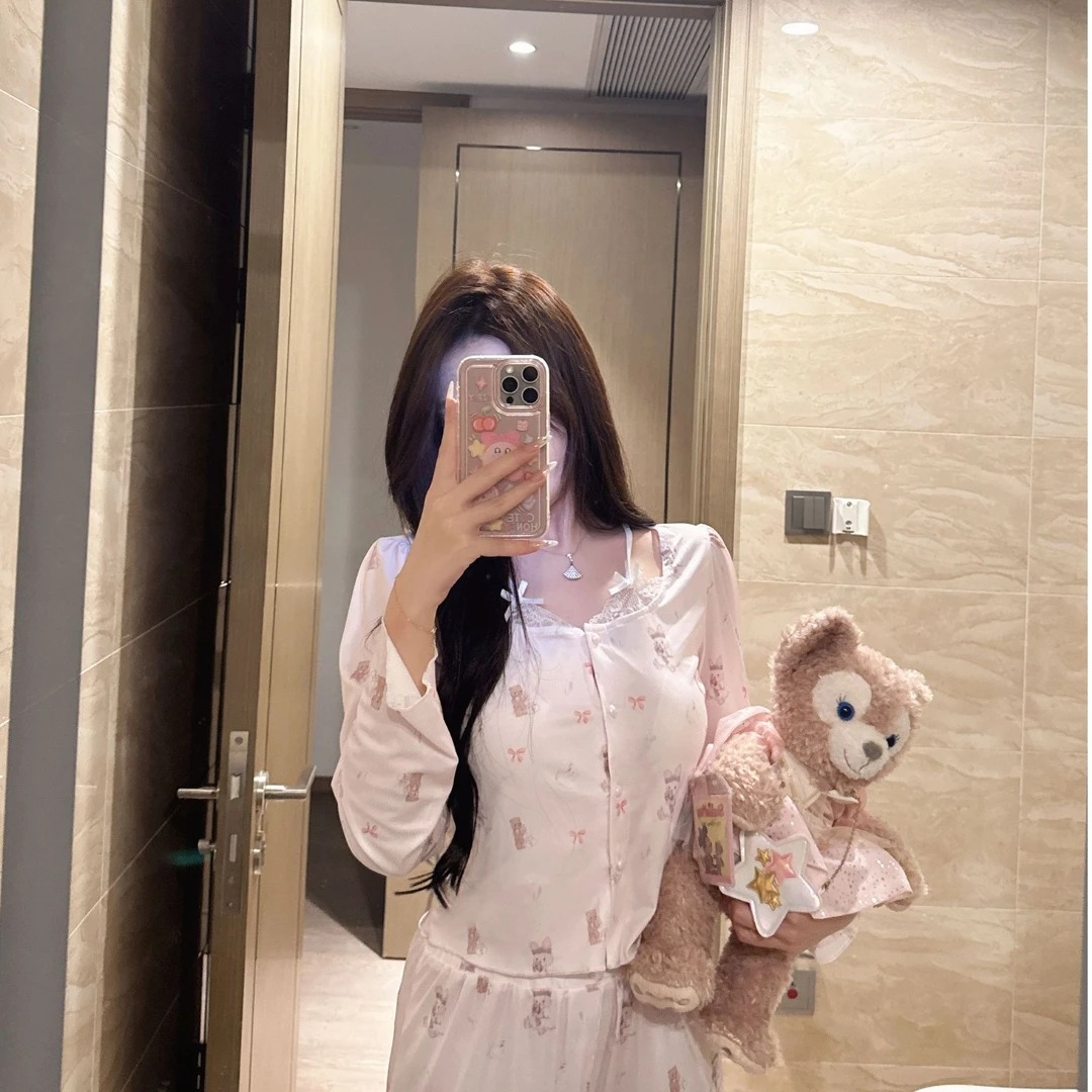 九九菜^「熊仔多情」超软版本带胸垫代尔棉睡衣家居服显瘦气质