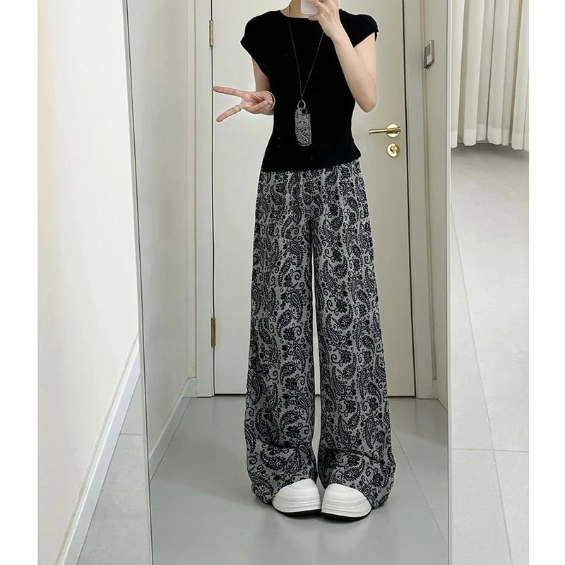 大码醋酸缎面冰丝阔腿裤女夏季胖mm高腰显瘦宽松休闲直筒拖地长裤