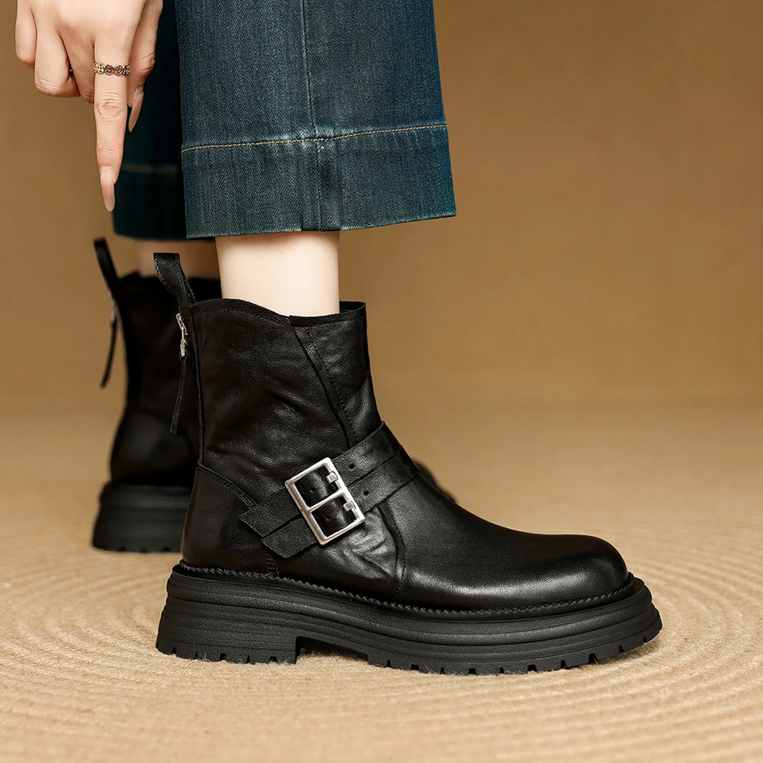 小羊皮皮带扣厚底短靴子女春秋单新款复古靴百搭侧拉链圆头骑士靴