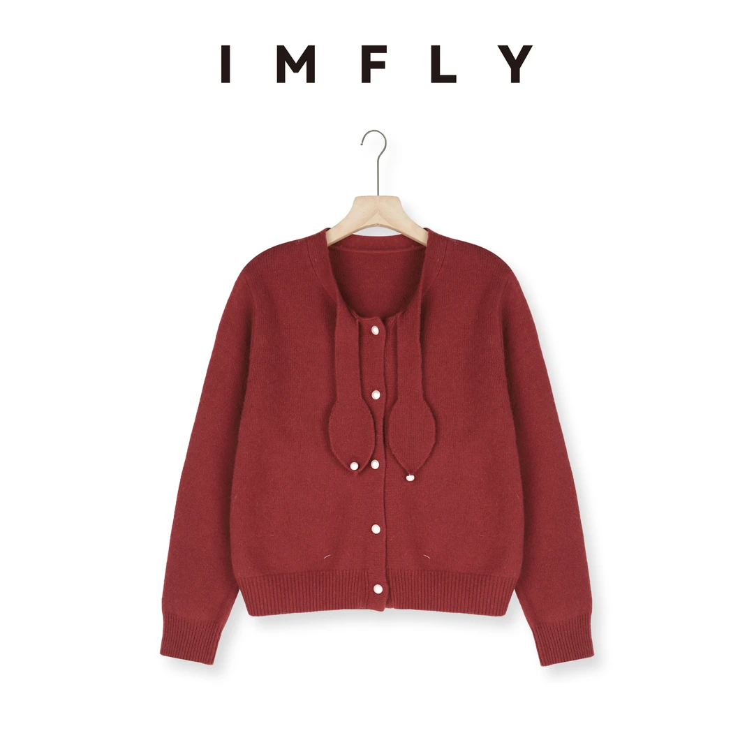 IMFLY金小金自制 绵羊毛开衫DYW8387小香风系带毛衣女冬季针织衫