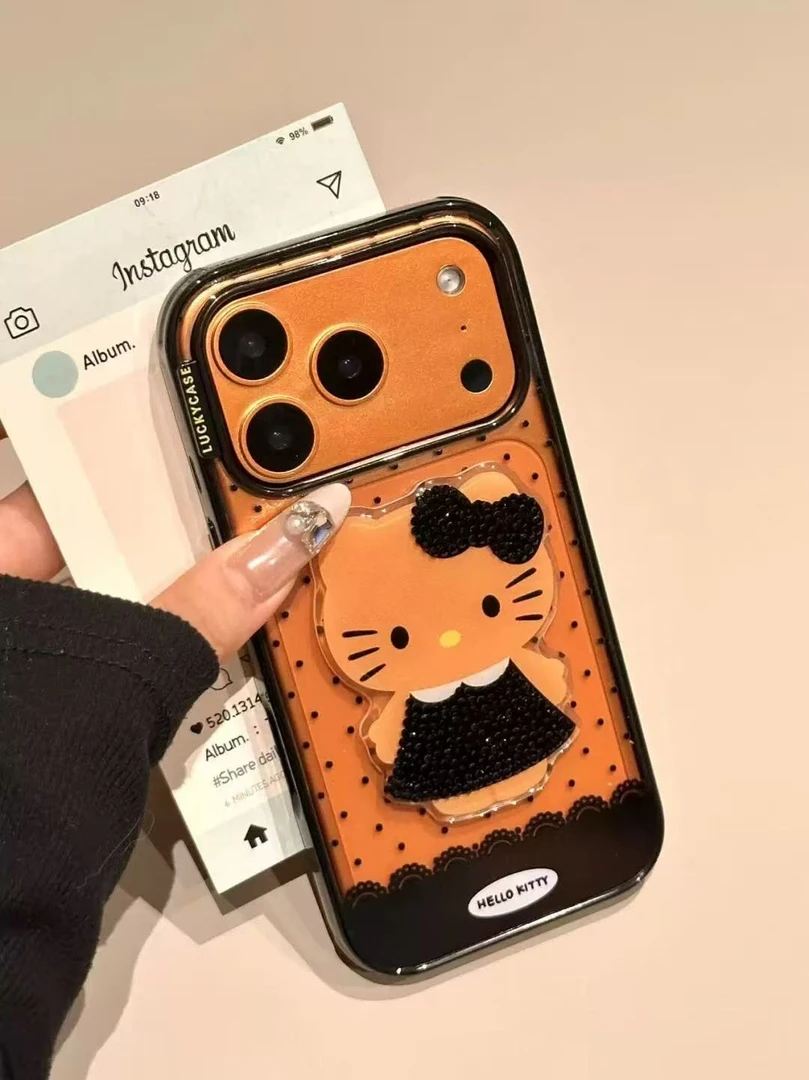 韩系小香风裙子黑皮点钻kitty适用苹果17promax手机壳iPhone16/15