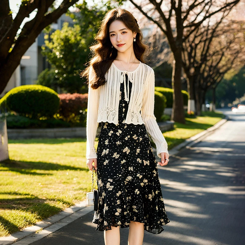 奢姿大码女装2025夏季减龄印花吊带针织两件套胖妹妹轻奢时尚套装