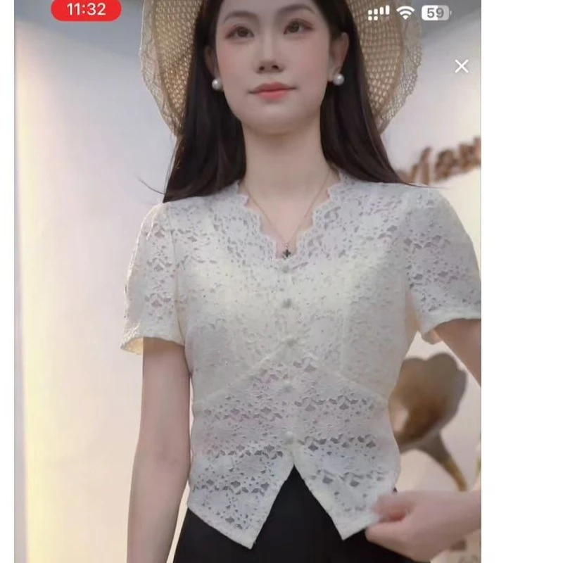 朵以2025夏季法式时尚气质V领收腰显瘦提花蕾丝上衣女40VX148259