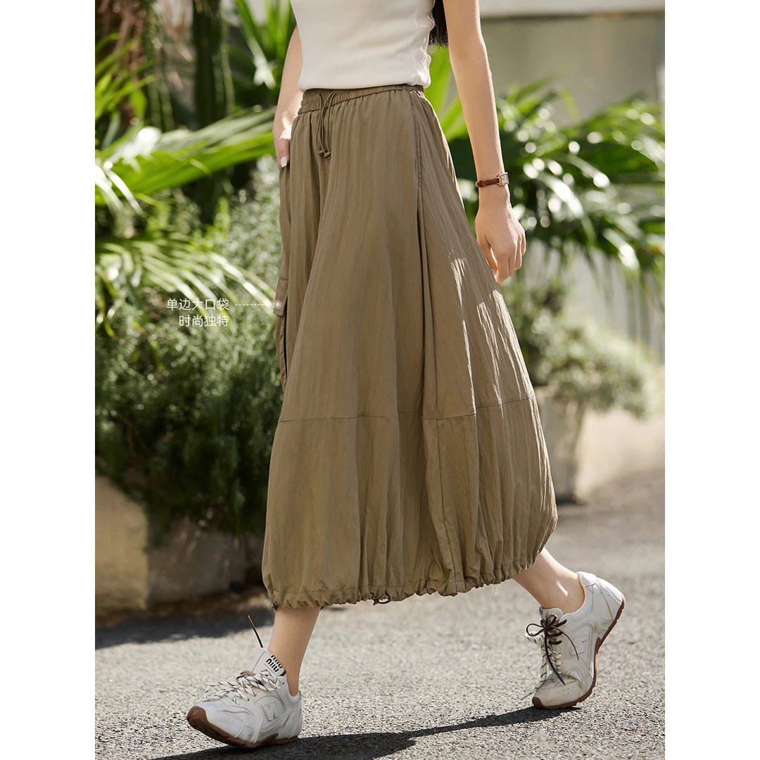 沫晗依美工装复古户外抽绳花苞裙2025秋季新款时尚松紧腰女裙7543