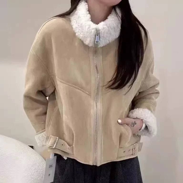 欧货高端麂皮绒羊羔毛外套2025冬新款宽松保暖皮毛一体夹克厚上衣