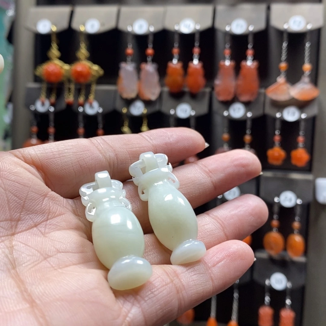 和田玉耳饰银S925镶嵌發*