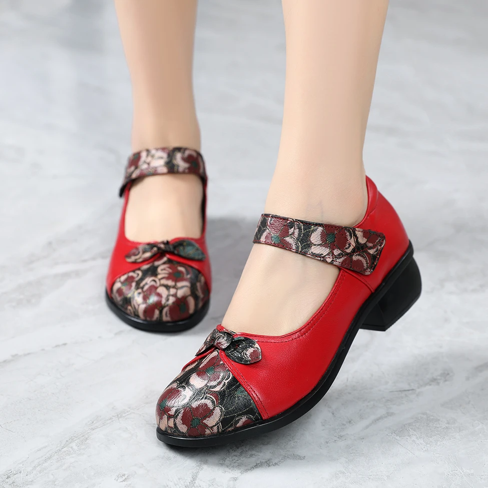 新款复古春秋真皮民族牛皮中老年妈妈女鞋皮鞋浅口软底舒适单鞋