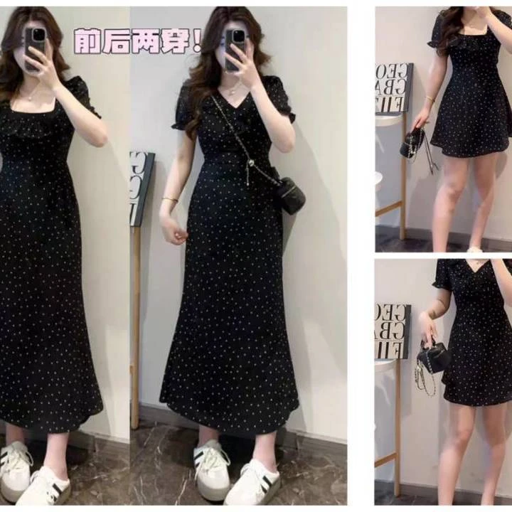 大码法式复古黑色波点方领连衣裙女夏季胖mm收腰显瘦设计感长裙子