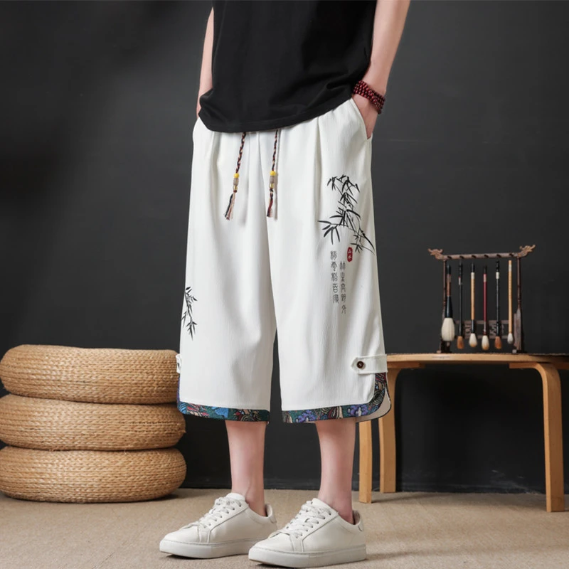 国潮印花短裤男夏季冰丝速干七分裤子男宽松休闲新中式国风八分裤