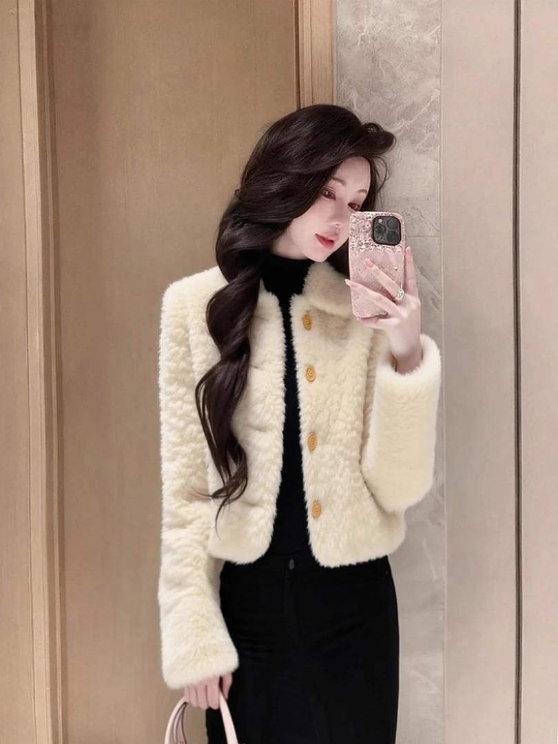 杏色翻领羊羔毛厚外套女冬巨好看高端时髦洋气小香风保暖毛绒上衣