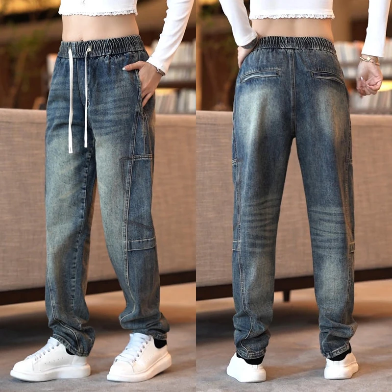 美式复古牛仔裤男2025新款个性拼接锥形长裤男装百搭宽松阔腿裤子