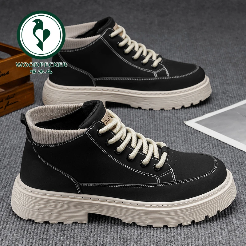【正品】啄木鸟男鞋秋季新款英伦风高帮复古工装皮靴休闲百搭马丁靴