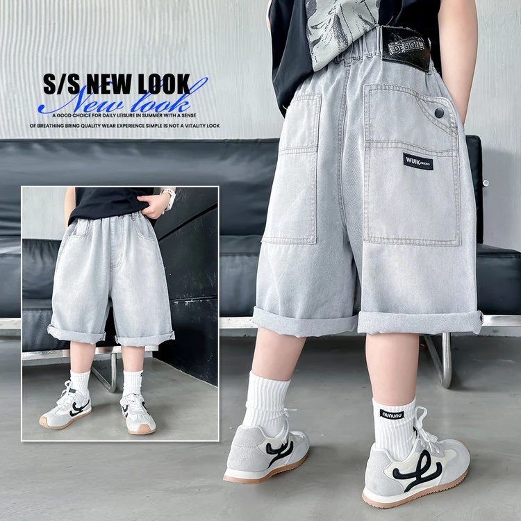 男童牛仔短裤夏季薄款中大童纯色时髦痞帅潮酷宽松儿童休闲五分裤