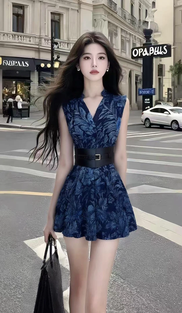 氛围感知性风深蓝色V领无袖收腰设计感连衣裙时尚气质高级感女装