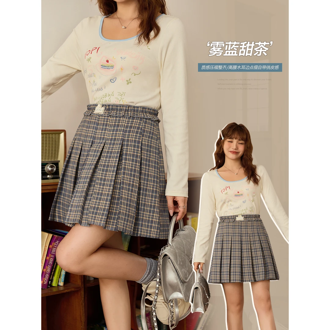 韩版木耳边拼接压褶格纹裙女胖mm大码高腰显瘦A字半身裙65200