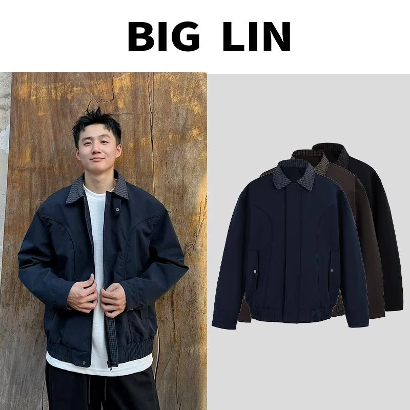 BIG林 美式复古哈灵顿夹克早秋户外防风翻领撞色格子领外套K911