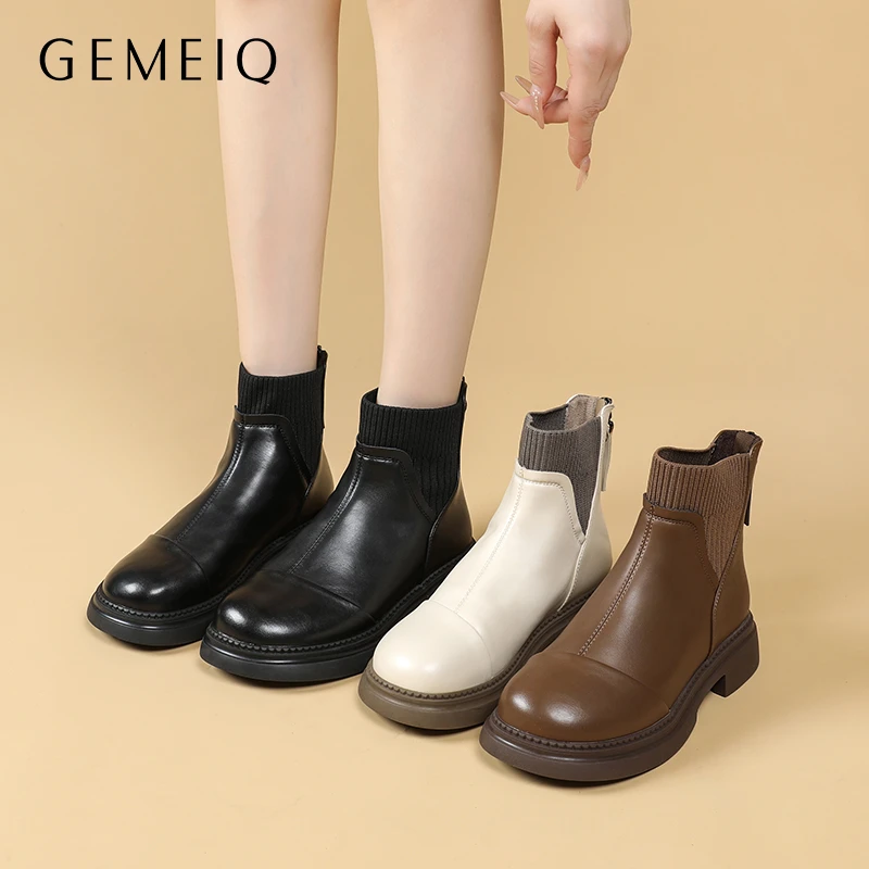 戈美其秋季单靴厚底小个子袜靴冬季加绒加厚短靴后拉链马丁靴女靴