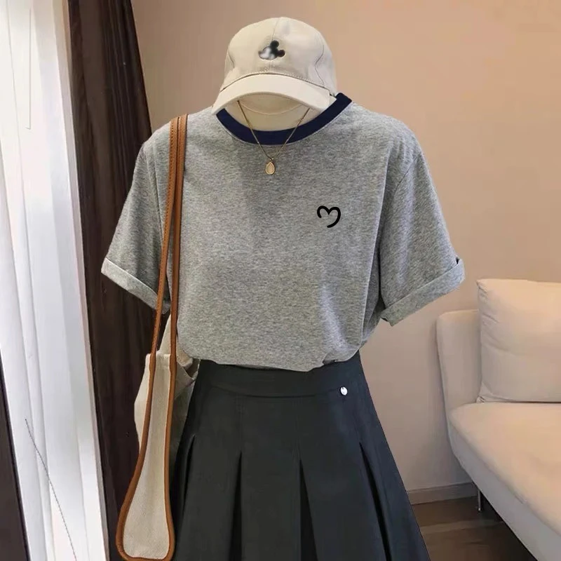 2025夏季新款灰色短袖T恤女撞色洋气百搭显瘦设计感T恤打底衫上衣