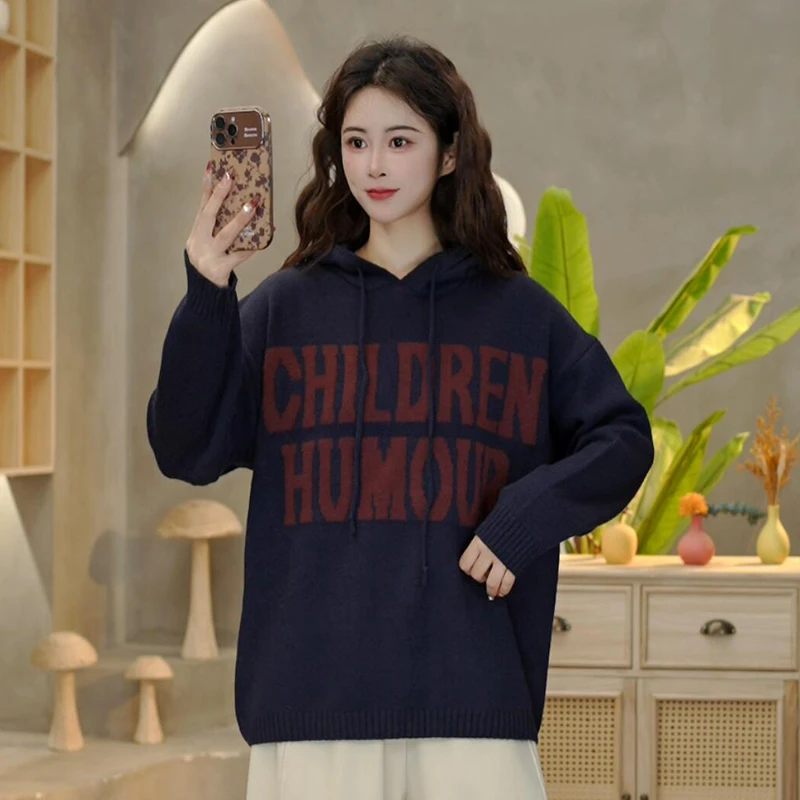 5160 冬季新款字母连帽套头毛衣休闲时尚百搭宽松长袖上衣