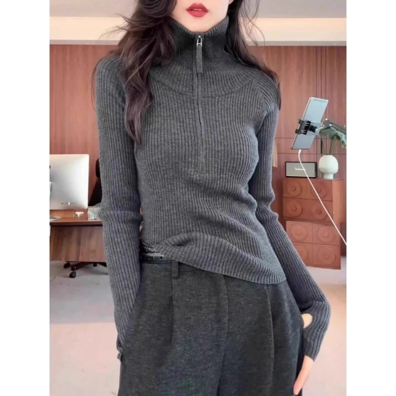 灰色立领半开领长袖针织衫女秋冬2025新款套头毛衣内搭打底衫上衣