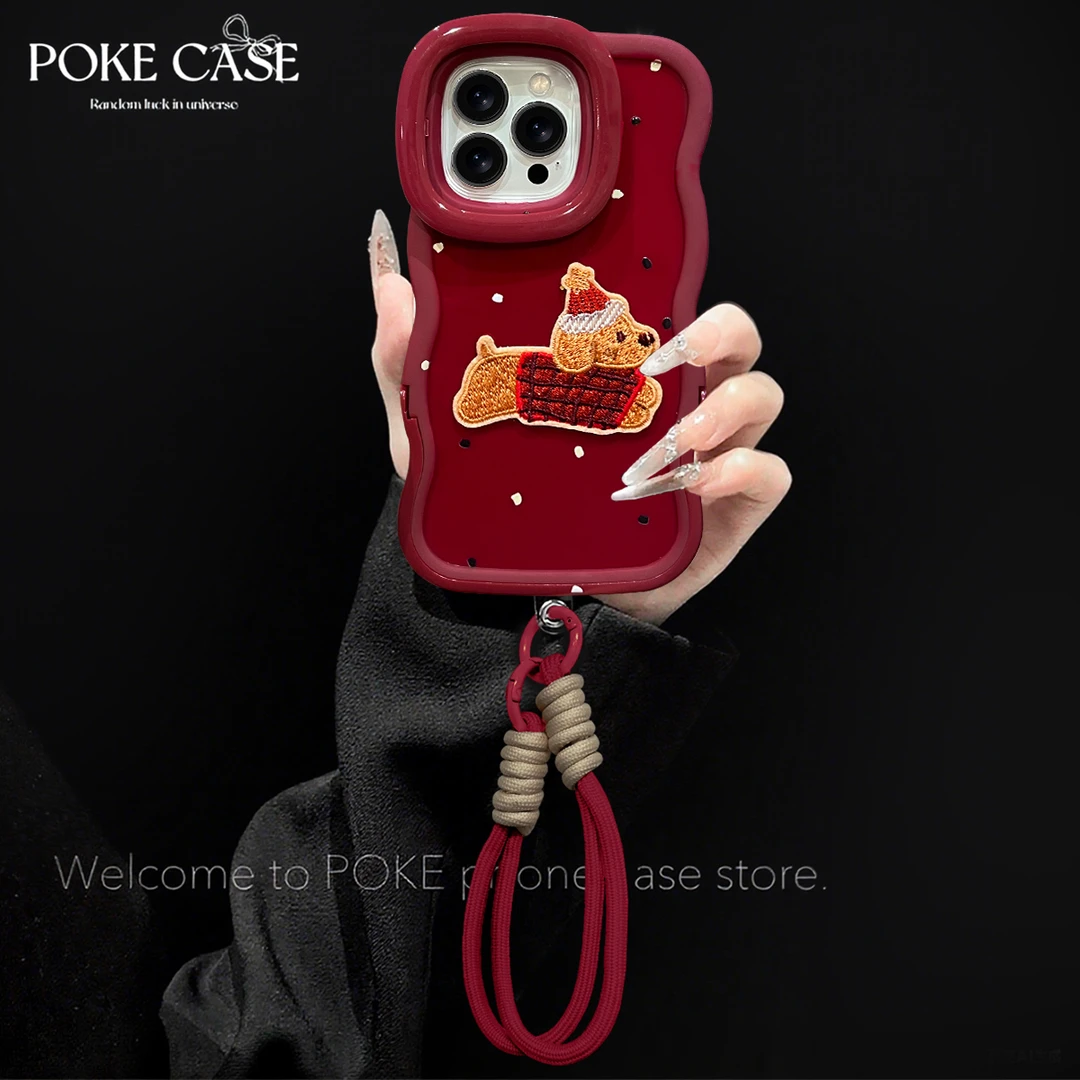 板凳双支架刺绣小狗适用苹果17PROMAX华为vivo小米oppo手机壳