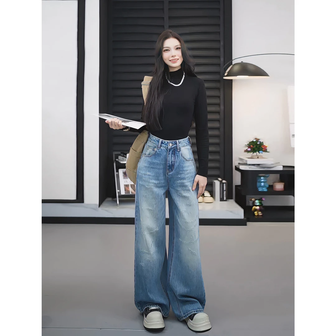 【TO&HR.GIRL】THE032DZ-蓝夏季吊烂原创设计休闲阔腿牛仔拖地裤女