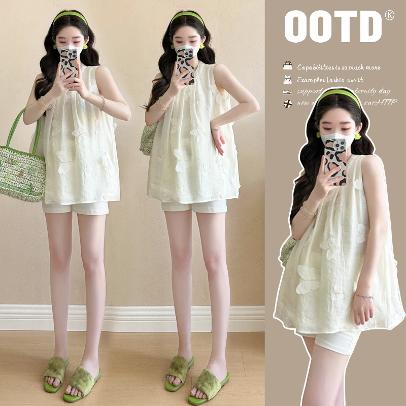 2025新款孕妇夏装潮妈时尚套装高级刺绣蝴蝶雪纺衫托腹短裤两件套