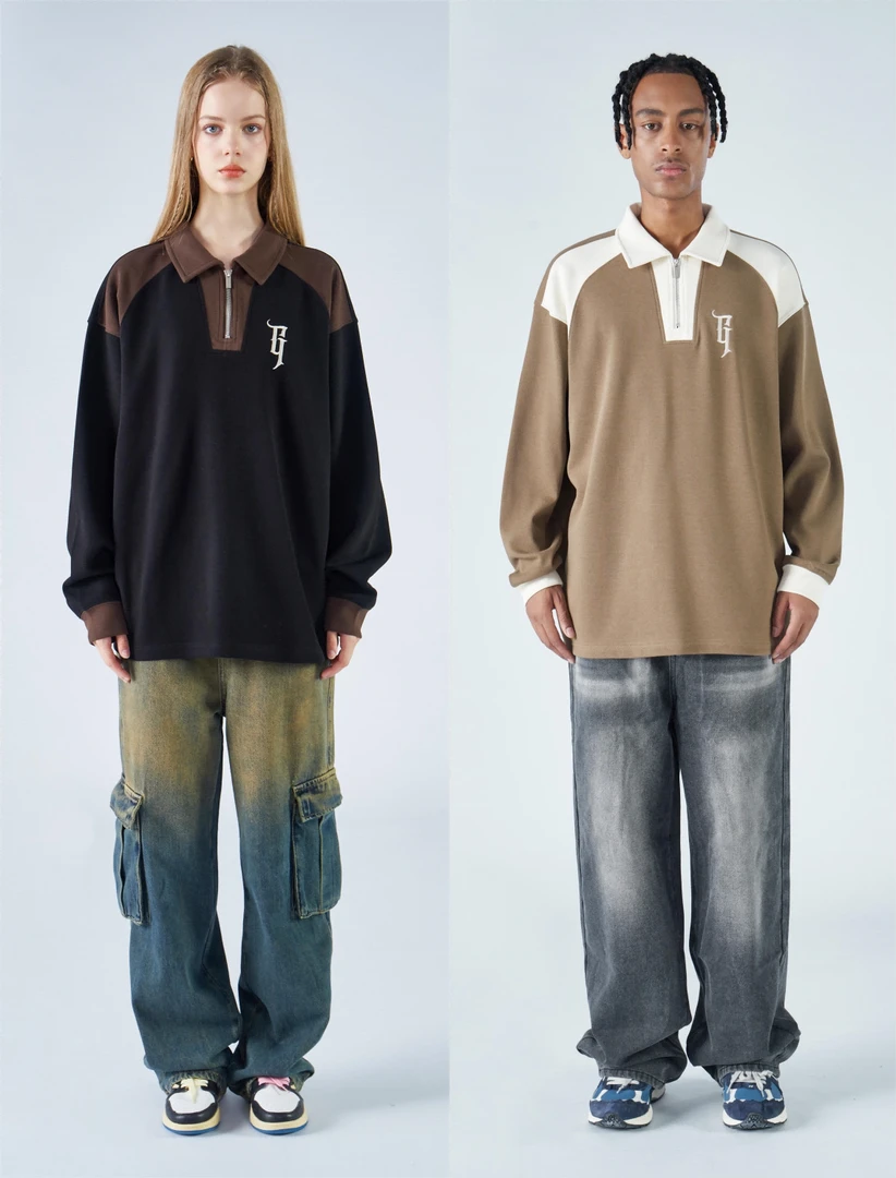 B12#质感很顶！撞色拼接美式POLO衫翻领刺绣高街宽松翻领长袖T恤