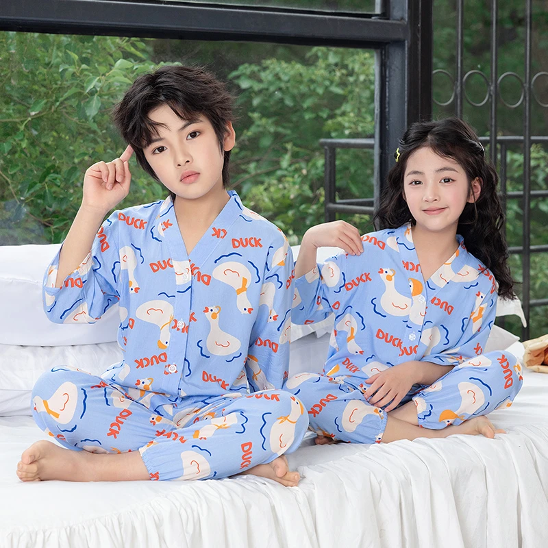 夏季薄款儿童棉绸睡衣七分袖家居服小宝宝男童女童中大童简约套装