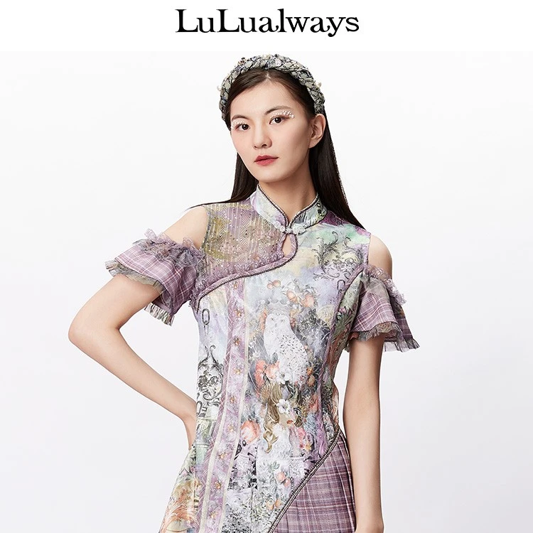 【媛媛女王专享】lulualways夏季款露肩拼接百褶设计感连衣裙
