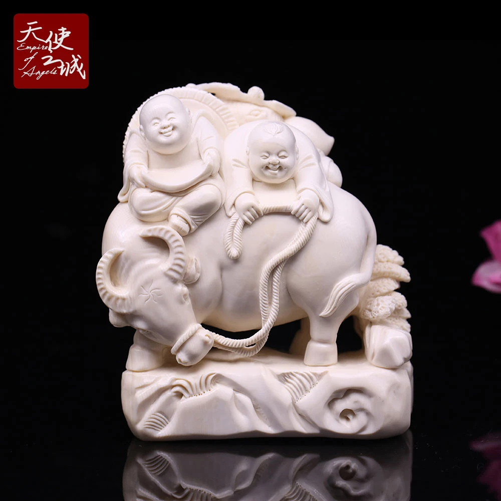 天然猛犸象牙牧童摆件满纹白冰料一体精工雕刻家居装饰高端礼品