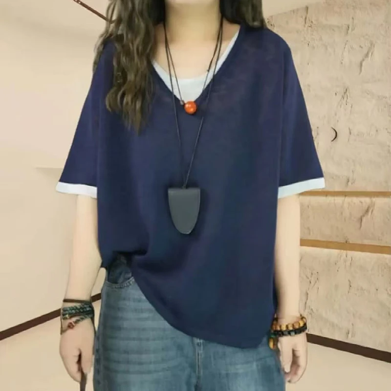 假两件撞色短袖t恤女2025新款夏季透气薄款大码百搭洋气显瘦上衣