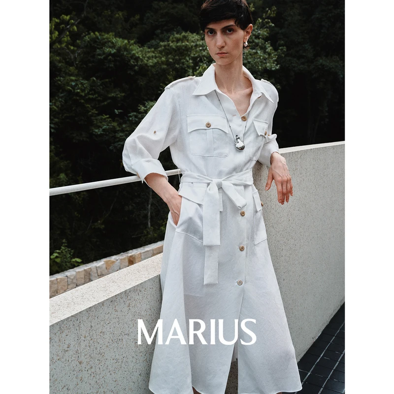 MARIUS雨露麻系列“风衣裙”复古老钱风工装宽肩A摆衬衫连衣裙