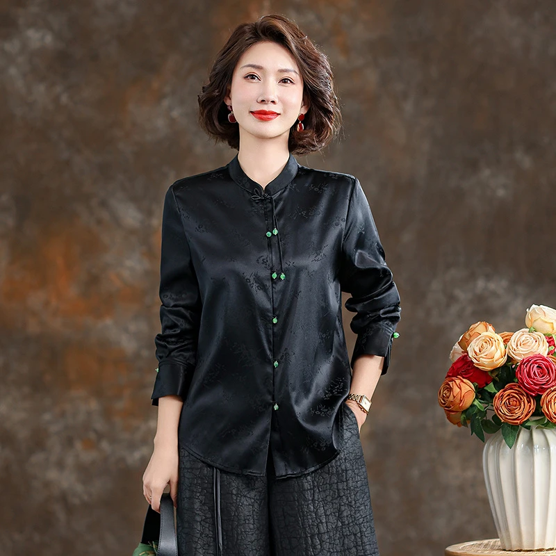 黑色真丝衬衫女2024春夏新款立领新中式复古优雅通勤桑蚕丝衬衣