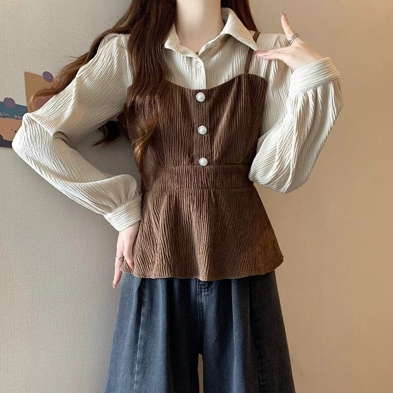 春秋季大码新款洋气显瘦百搭衬衫胖妹妹时尚气质拼接假两件上衣
