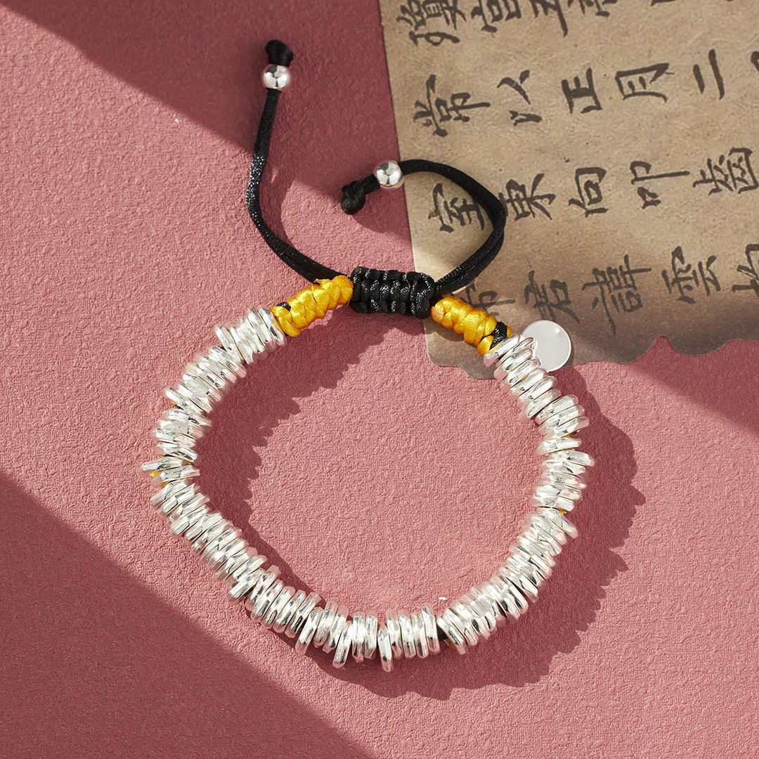 925银手链 腰缠万贯手链复古招财盘缠黑色吊坠国风黑绳编织手链