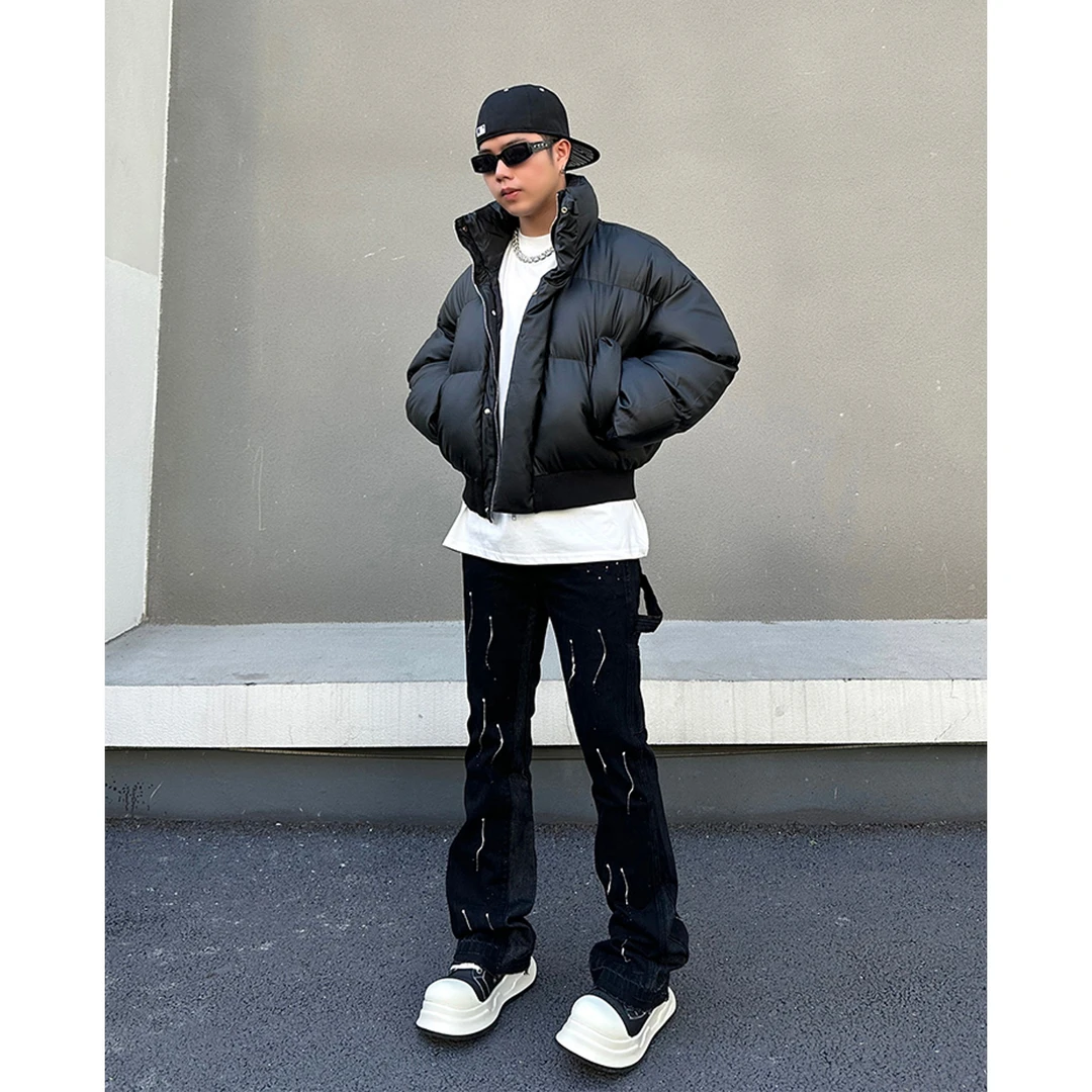 美式冬季复古PU皮宽松短款棉服男女同款立领小众加厚外套情侣棉衣