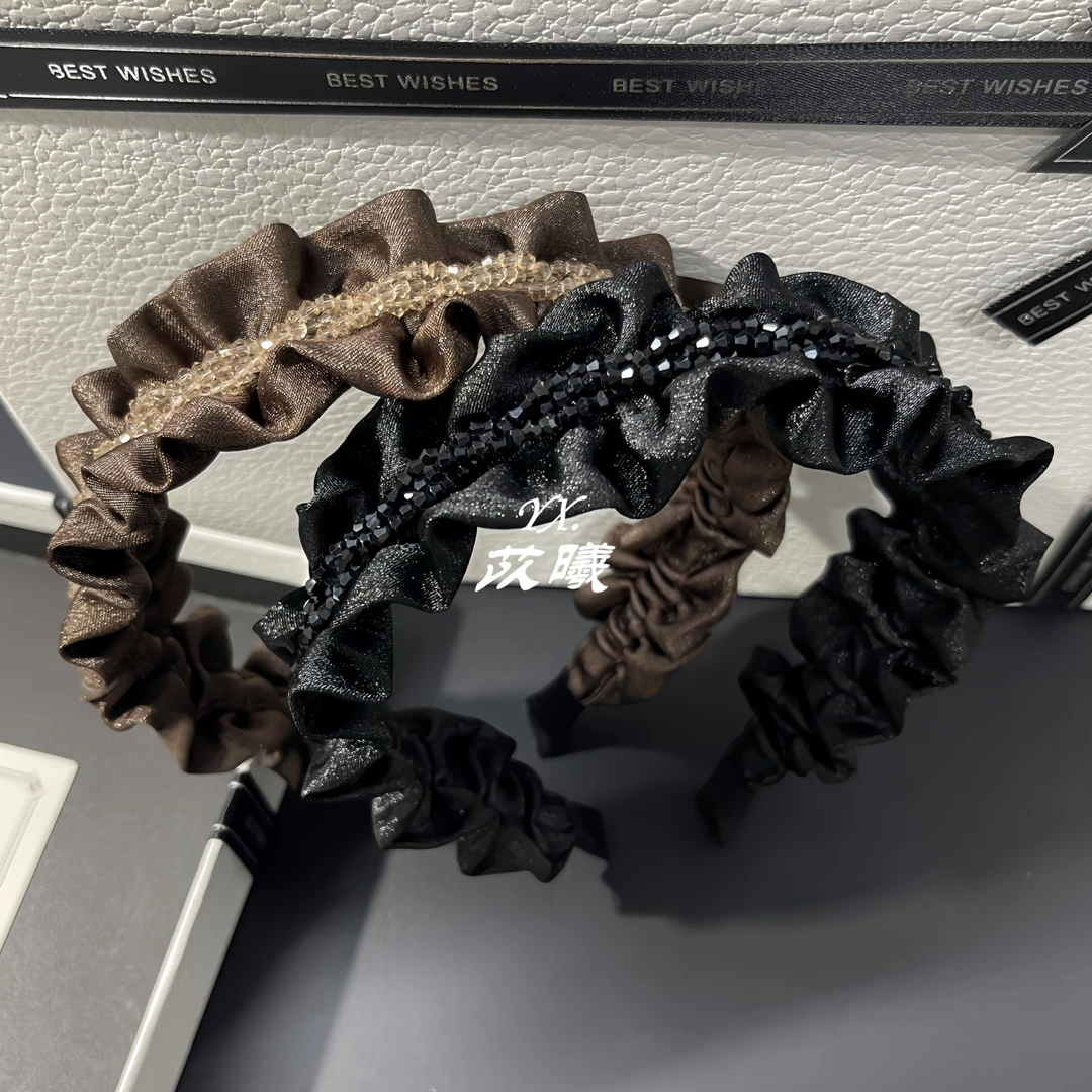 轻奢荷叶边黑色高级感头箍韩版气质闪钻水晶褶皱发箍高颅顶发卡女