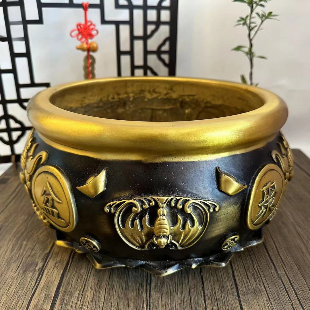 黄铜聚宝盆工艺品铜摆件中式双鱼八福家居摆件开业礼品办公室桌面