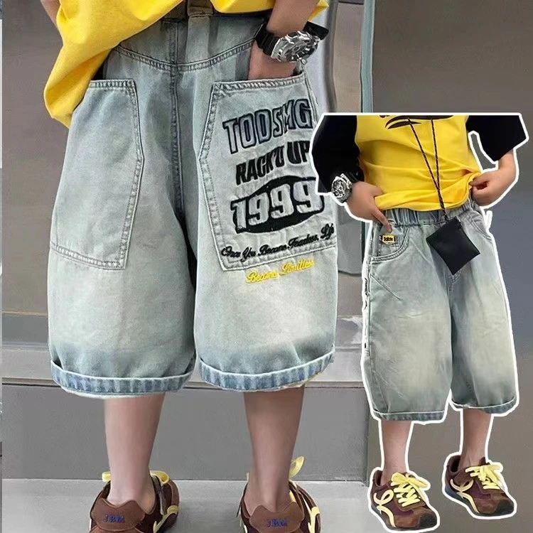韩系范~个性男童夏季新款大口袋韩版时髦宽松休闲牛仔短裤8815
