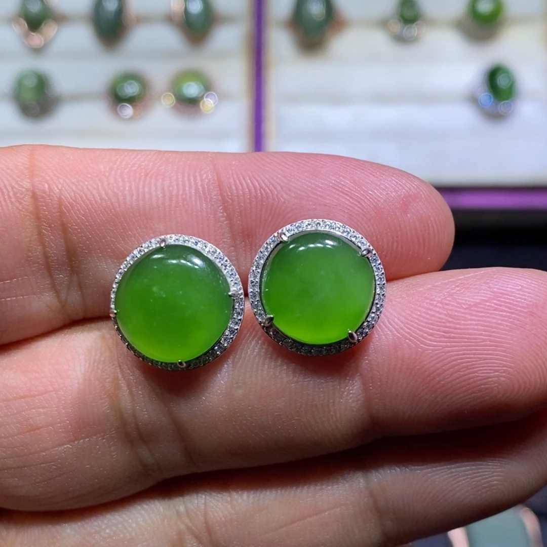 和田玉（碧玉）银S925镶嵌耳饰
