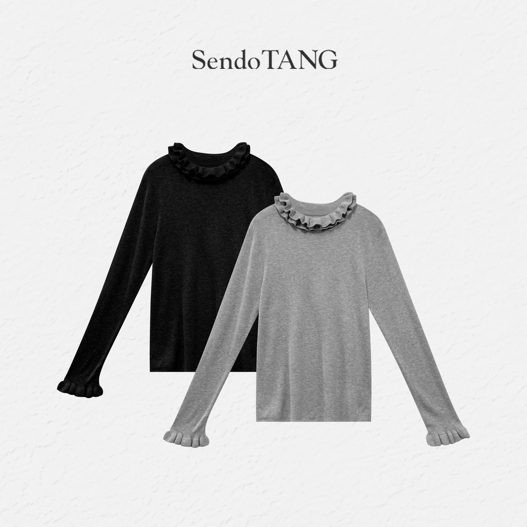 木耳花边领显瘦长袖打底衫胖多女装秋冬内搭叠穿上衣【云卷云舒】