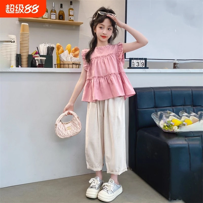 女童夏装新款套装2025夏季飞袖中大童宽松洋气时髦无袖裤子两件套